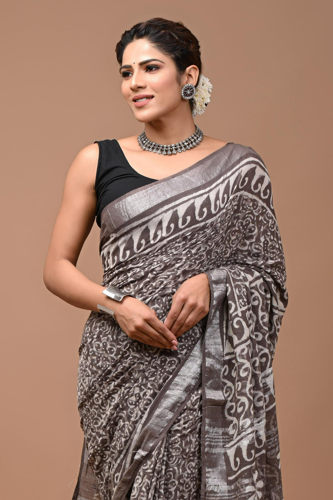 Linen cotton Handblock printed saree with blouse piece - Kashish brown