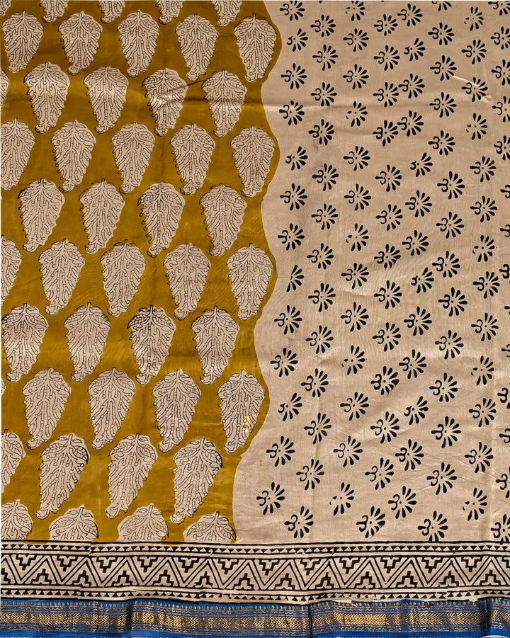 Pure Maheshwari Silk Saree Handblock Printed Saree - Mastard WIth Blue Pipin