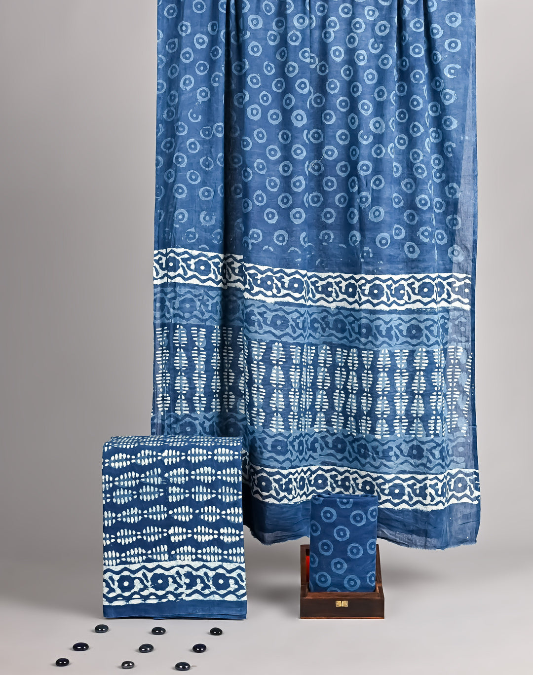 Deep Indigo Blue Dabu Style Hand Block Printed Cotton Suit Set with Abstract Print Dupatta