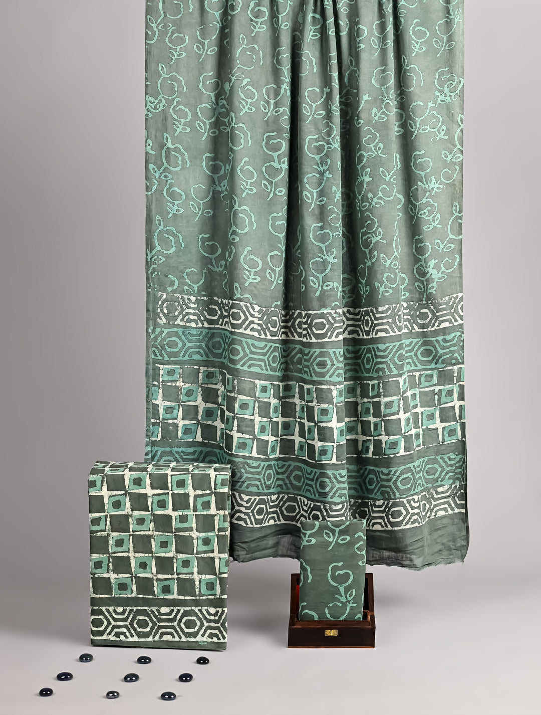 Mint Green & Grey Batik Inspired Hand Block Printed Cotton Suit with Square Motif Dupatta