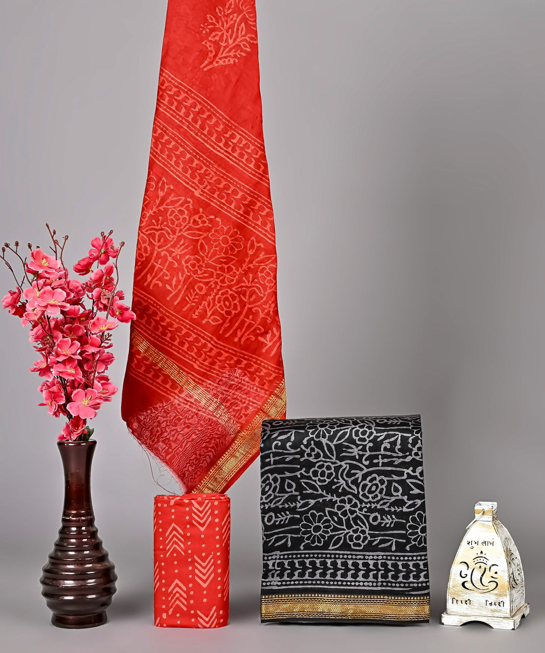 Bright Red Maheshwari Handblock Printed Silk 3 Piece Suit Set | Festive Ethnic Collection