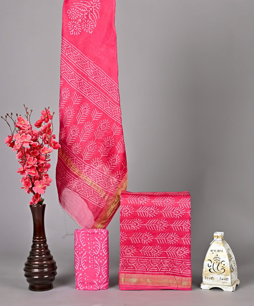 Rani Pink and White Feather Motif Bagru Handblock Printed Maheshwari Silk Suit