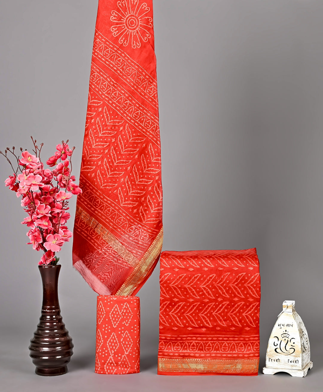 Vermillion Red Maheshwari Handblock Printed Silk 3 Piece Suit Set with Dupatta | Classic Handcrafted Style