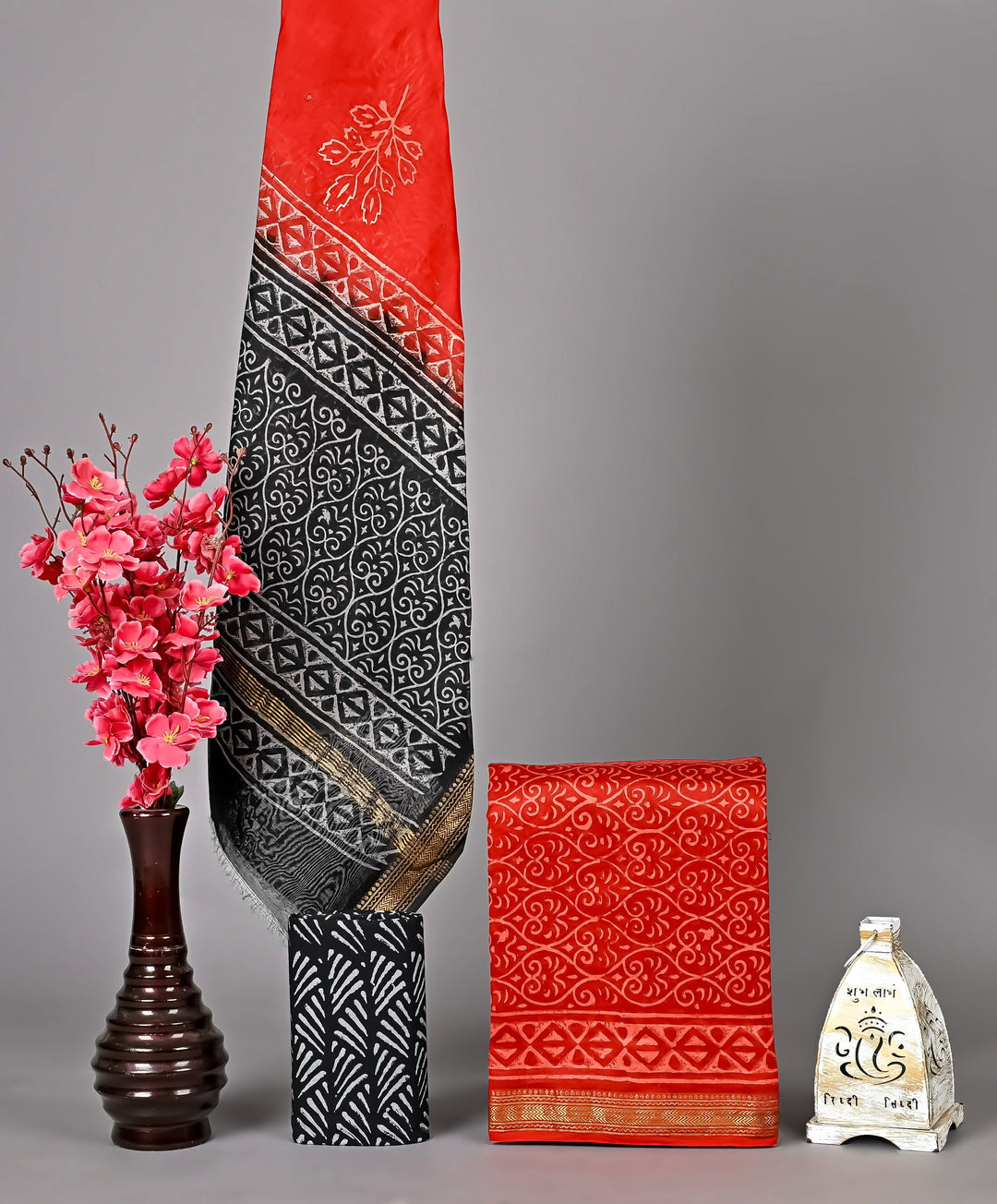 Red & Black Maheshwari Handblock Printed Silk 3 Piece Suit Set | Contemporary Ethnic Look