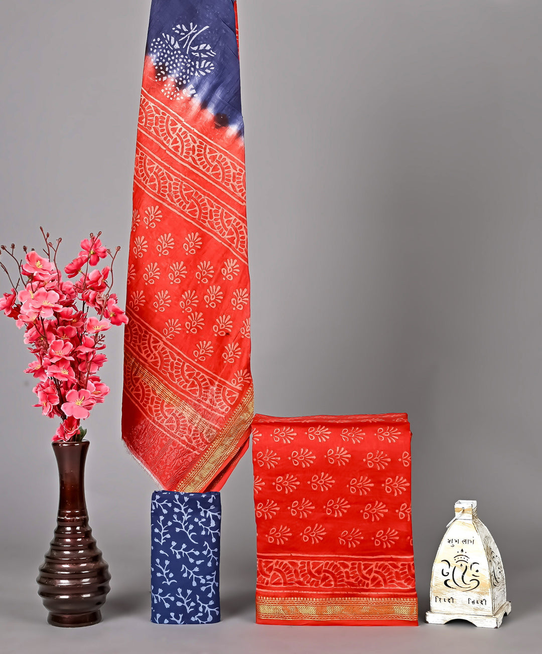 Red & Indigo Maheshwari Handblock Printed Silk 3 Piece Suit Set with Dupatta | Modern Ethnic Design