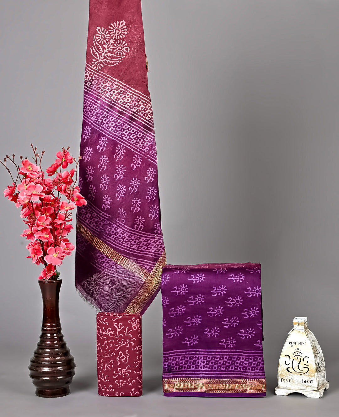 Plum Purple Maheshwari Handblock Printed Silk 3 Piece Suit Set | Traditional Ethnic Collection