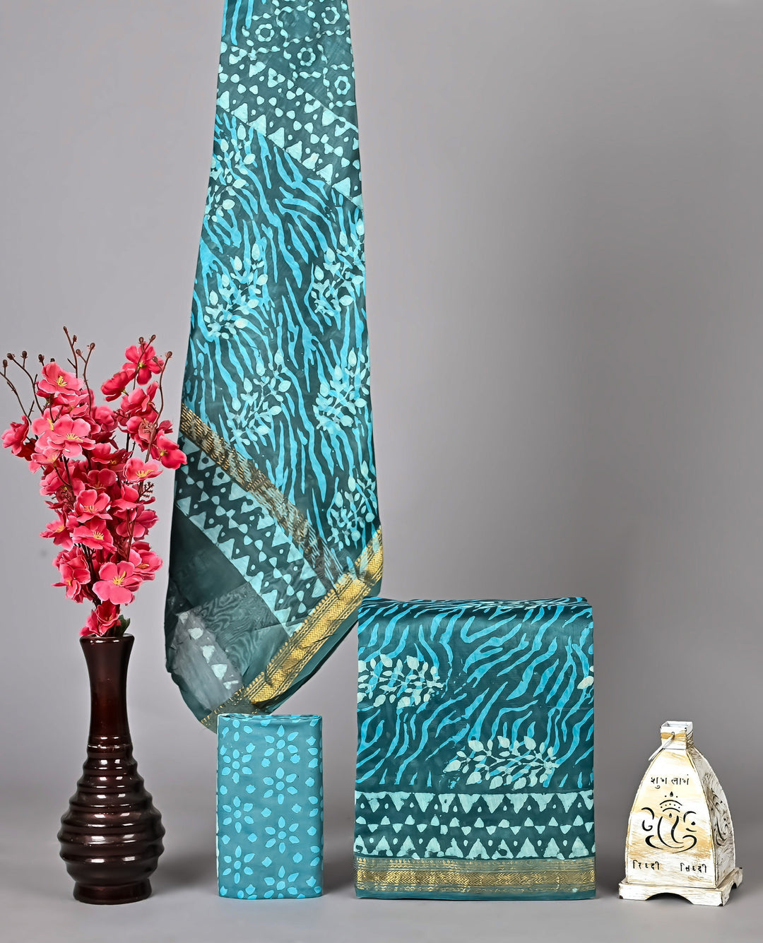 Teal Blue Maheshwari Handblock Printed Silk 3 Piece Suit Set | Elegant Ethnic Collection
