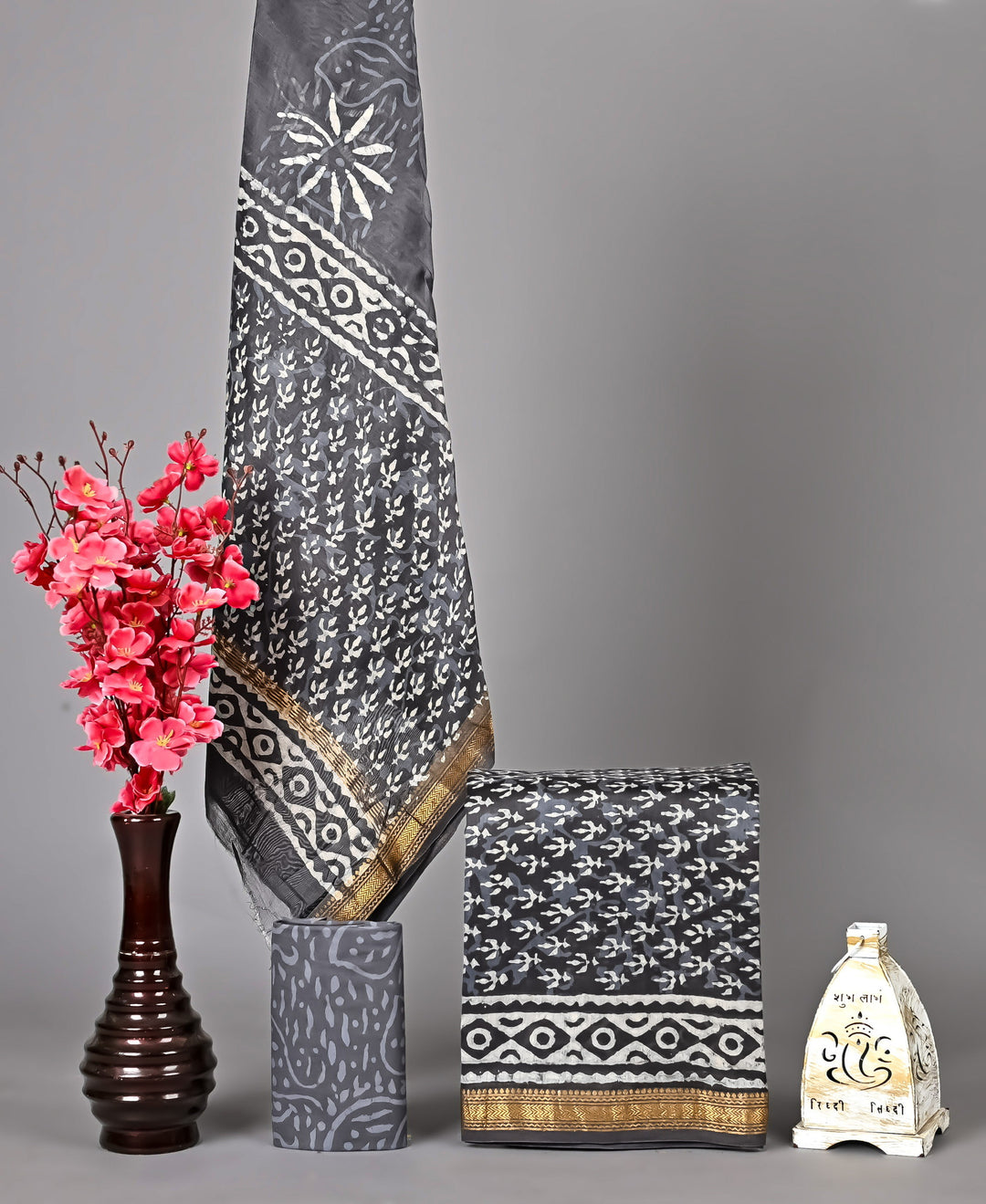 Charcoal Grey Maheshwari Handblock Printed Silk 3 Piece Suit Set with Dupatta | Classic Traditional Design