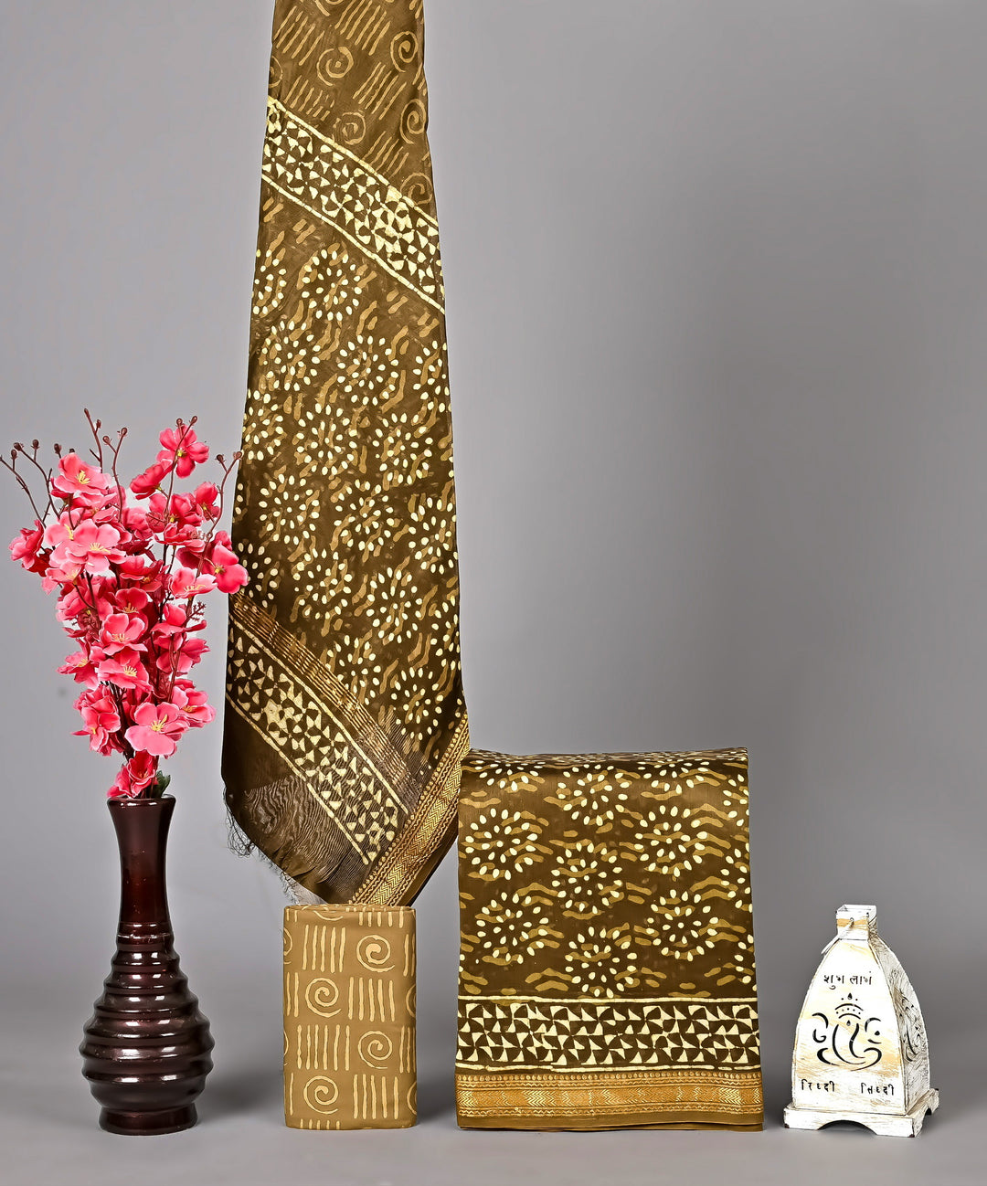 Olive Brown Maheshwari Handblock Printed Silk 3 Piece Suit Set | Earth Tone Ethnic Wear
