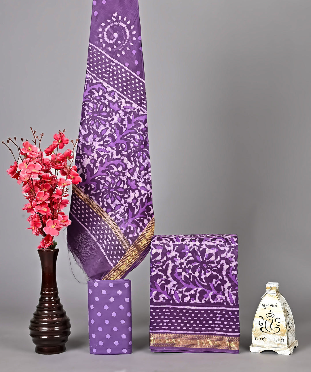 Royal Purple Maheshwari Handblock Printed Silk 3 Piece Suit Set with Dupatta | Festive Ethnic Style