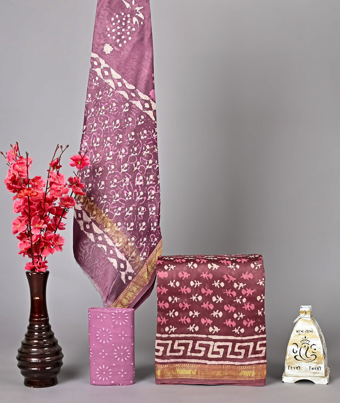 Mauve and Wine Batik Style Bagru Handblock Printed Maheshwari Silk Suit Set