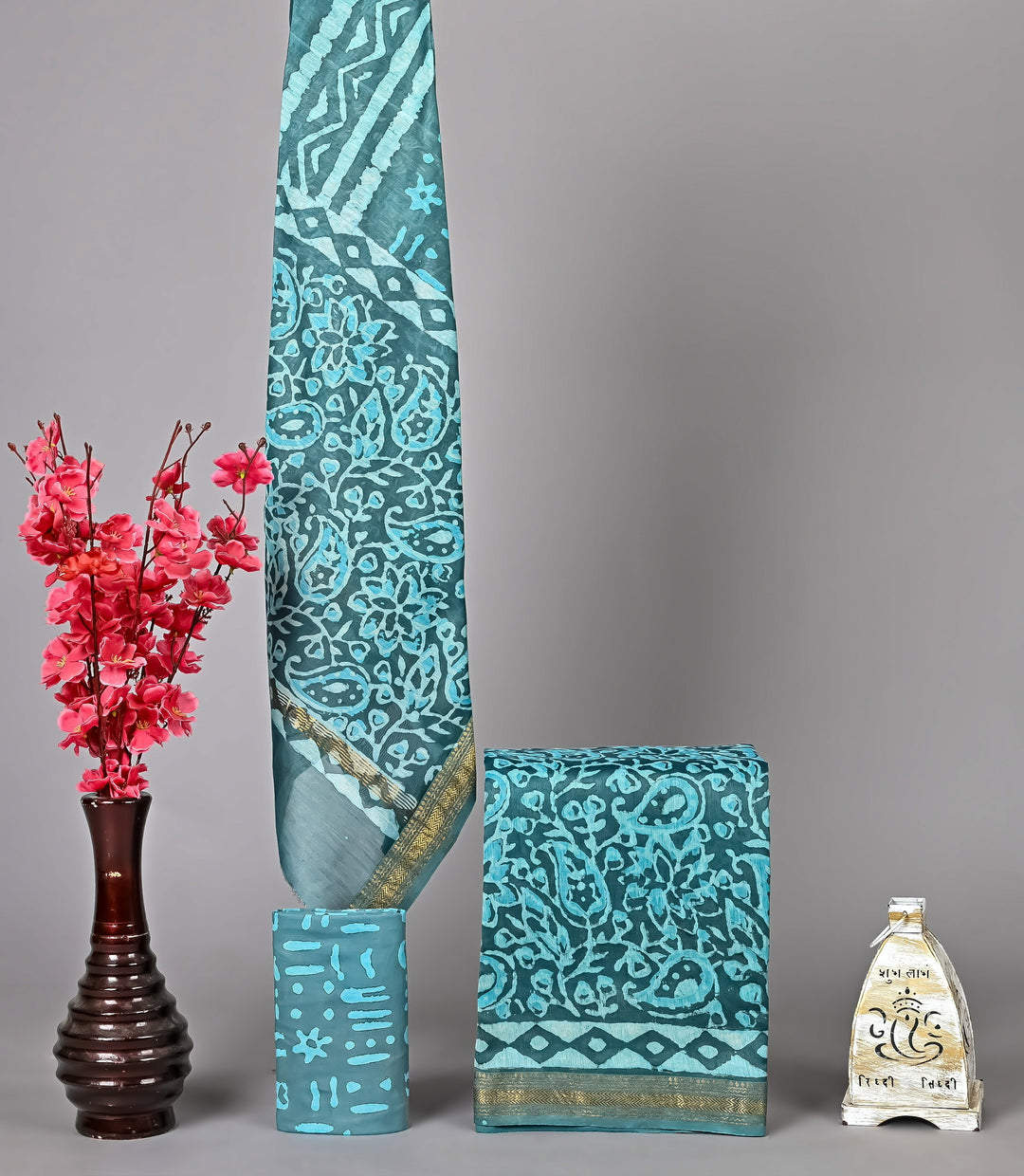 Aqua Teal Maheshwari Handblock Printed Silk 3 Piece Suit Set with Dupatta | Contemporary Ethnic Wear