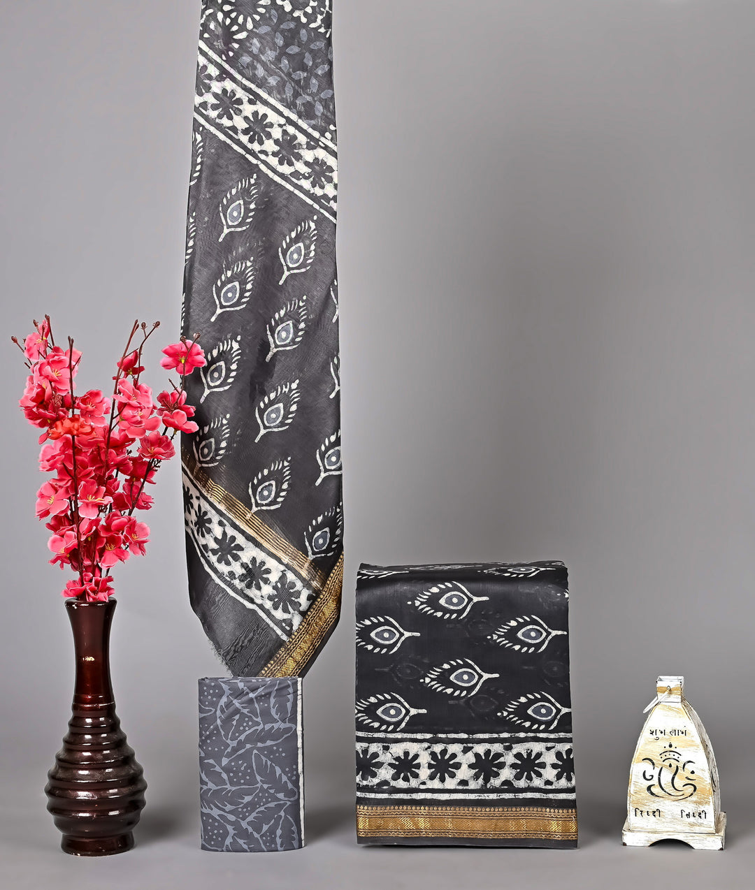 Slate Grey Maheshwari Handblock Printed Silk 3 Piece Suit Set | Minimal Traditional Collection