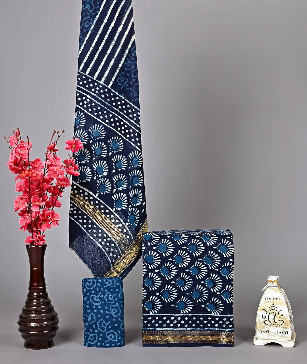 Indigo Blue Floral Maheshwari Handblock Printed Silk 3 Piece Suit Set with Dupatta | Classic Ethnic Design