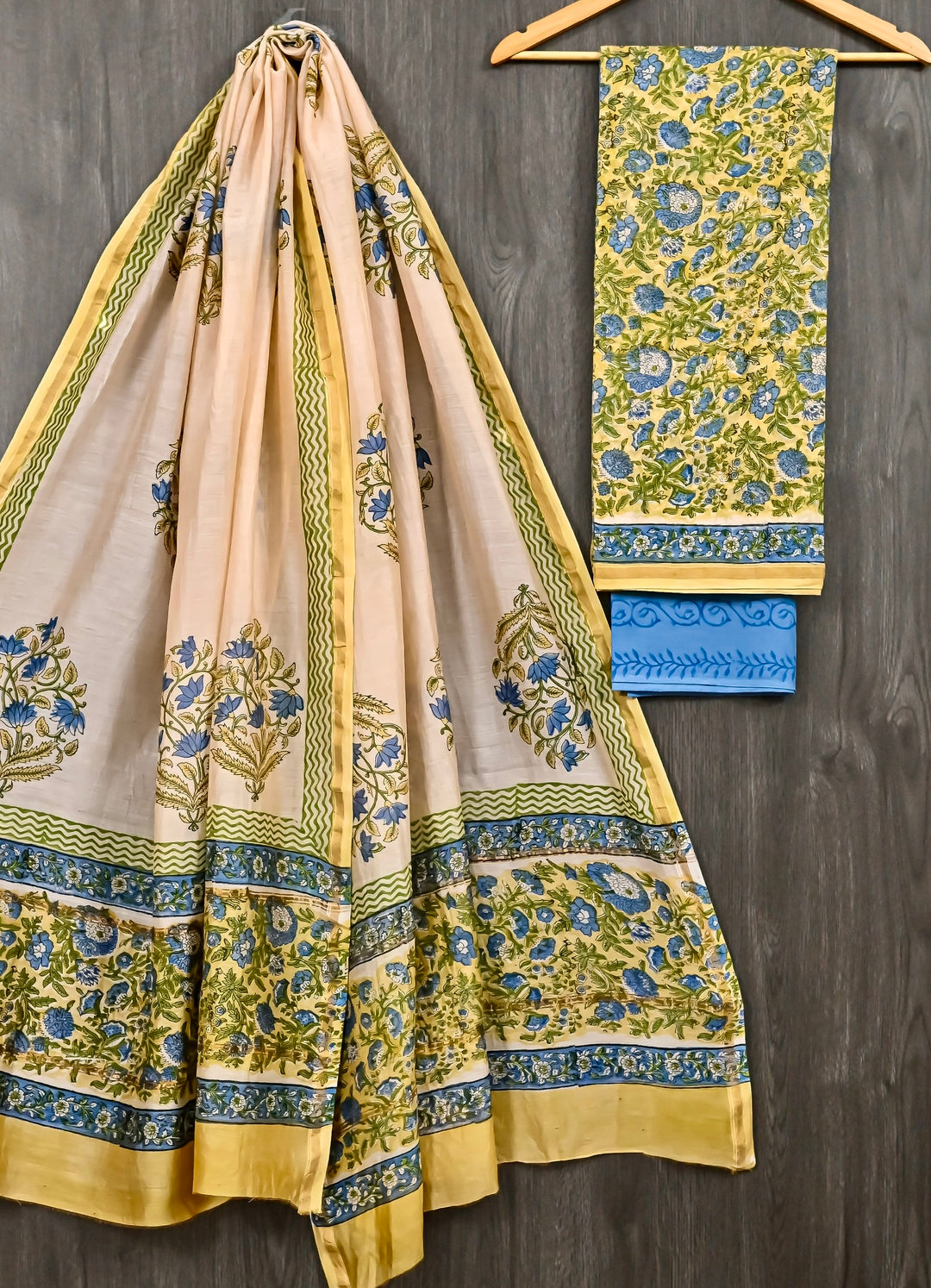 Artisan Crafted Chanderi Silk Hand-Block Print Suit | Soft Cream & Sky Blue Floral Butti Design | Summer Special Lightweight Silk Suit
