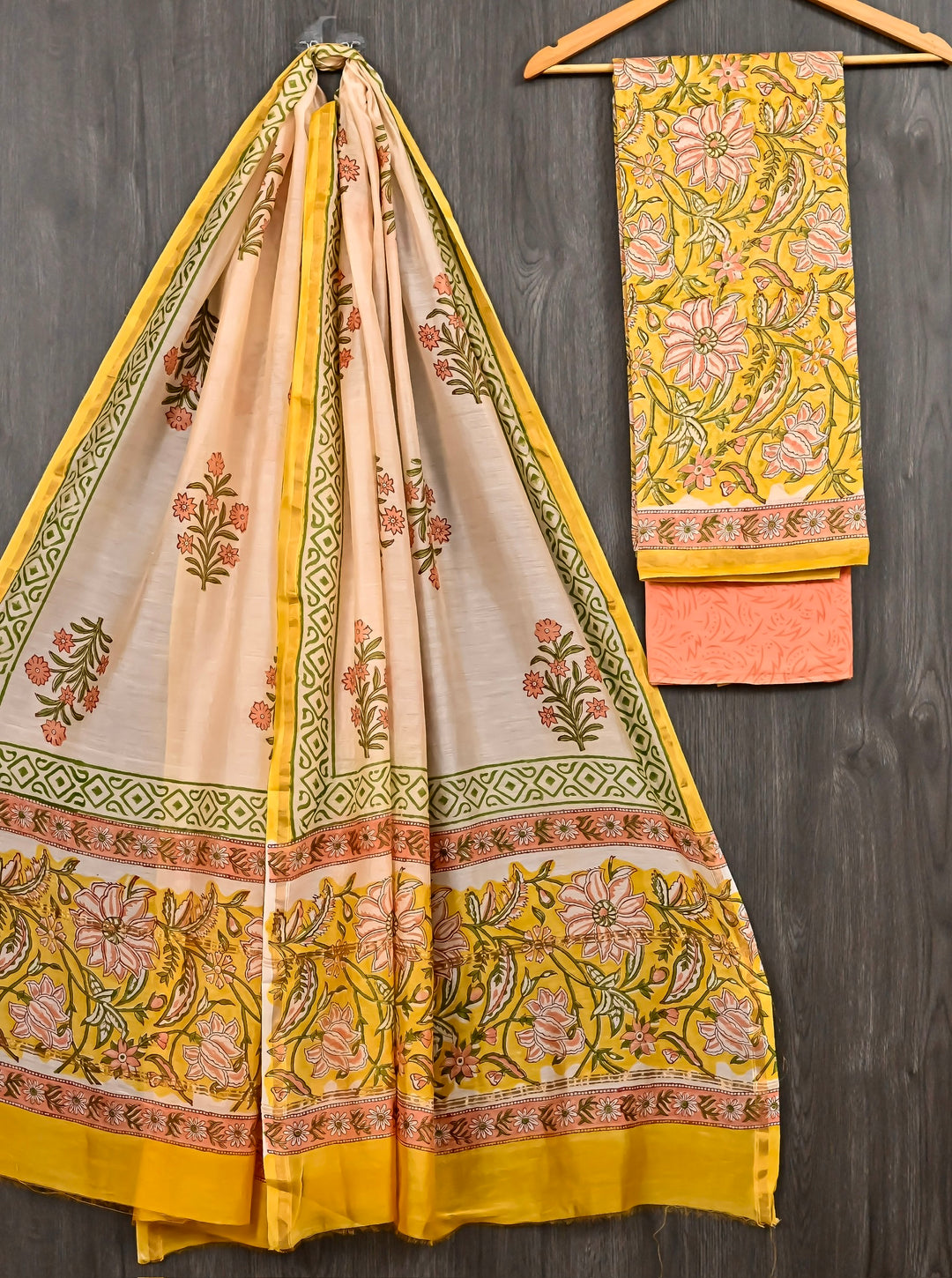 Bright Mustard Yellow Chanderi Silk Hand-Block Print Suit | Peach Floral Motifs with Zari Border | Festive Wear Unstitched Suit Material