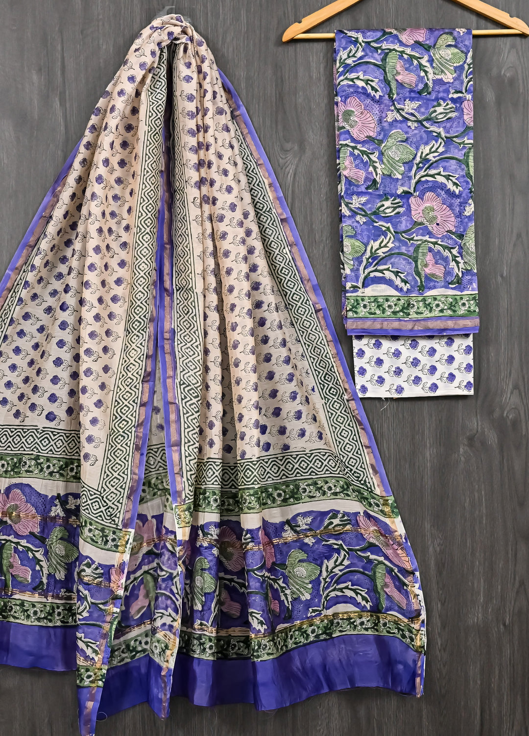 Lavender & Blue Floral Handblock Printed Pure Chanderi Silk Suit Set