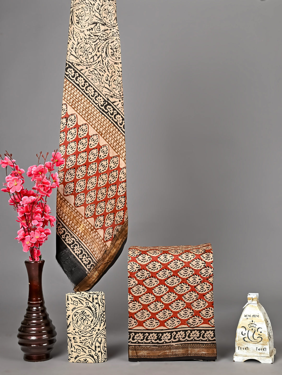 Rust Red Maheshwari Handblock Printed Silk 3 Piece Suit Set with Dupatta | Traditional Leaf Design
