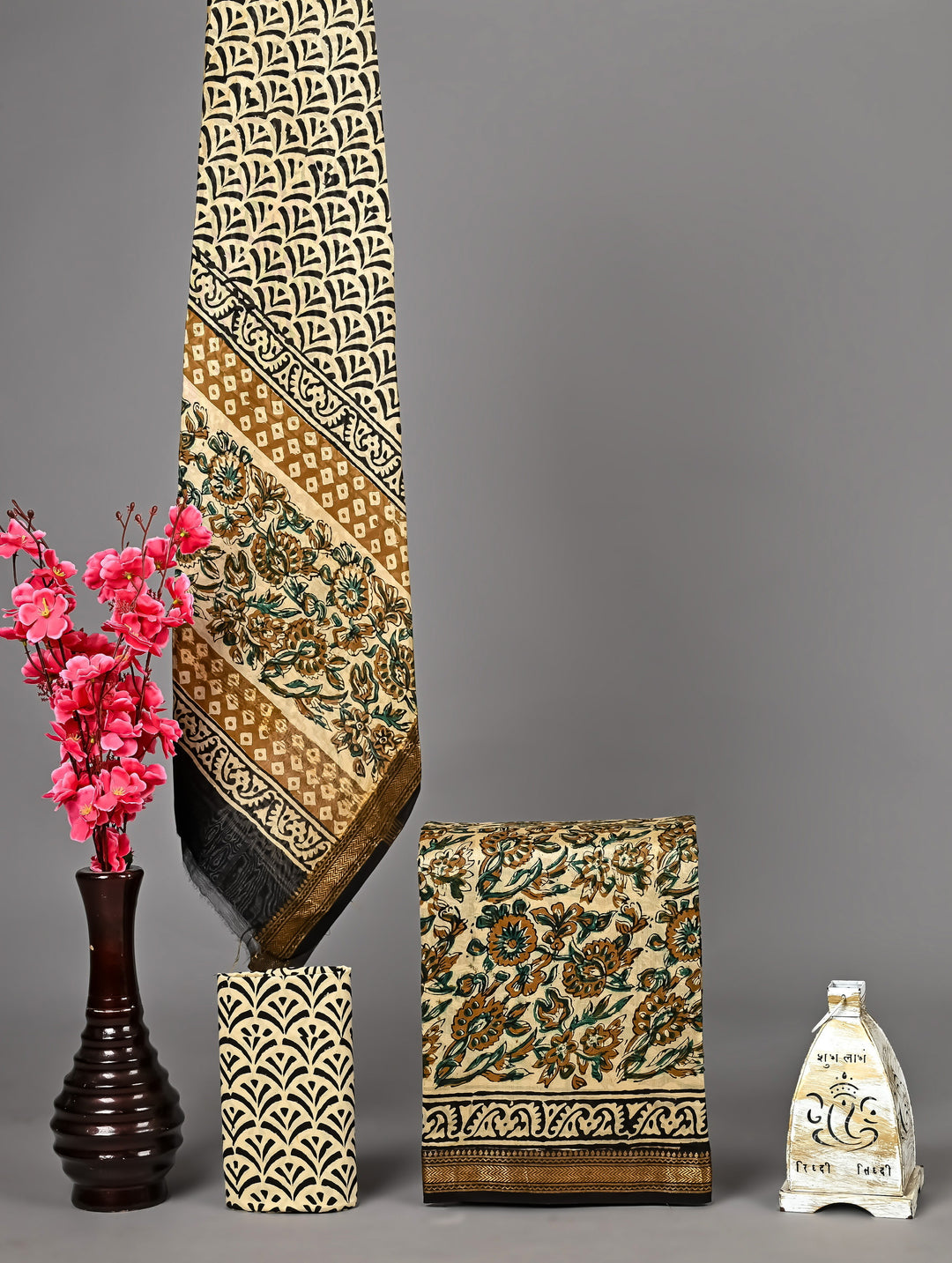 Beige Olive Maheshwari Handblock Printed Silk 3 Piece Suit Set | Classic Floral Ethnic Wear