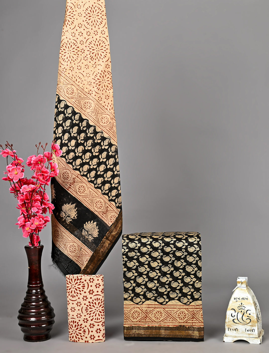 Black Beige Maheshwari Handblock Printed Silk 3 Piece Suit Set | Festive Ethnic Collection