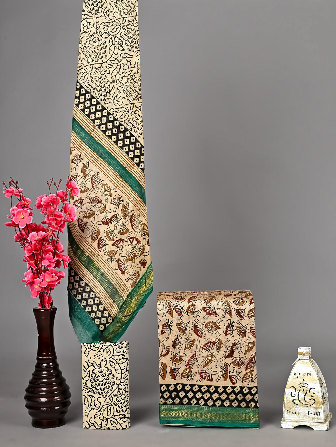 Green Border Maheshwari Handblock Printed Silk 3 Piece Suit Set with Dupatta | Heritage Floral Design