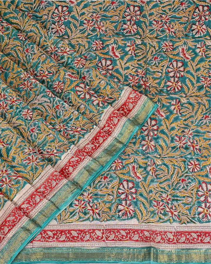 Sanganeri Pure Maheshwari Silk Saree Handblock Printed Saree - Pista Green