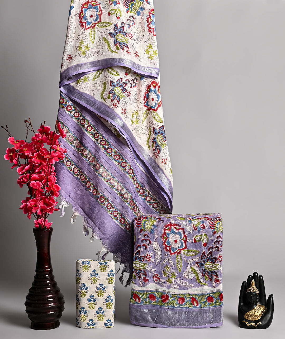 Pastel Lavender Multi-Color Floral Handblock Printed Linen Cotton Suit Set with Silver Border Dupatta