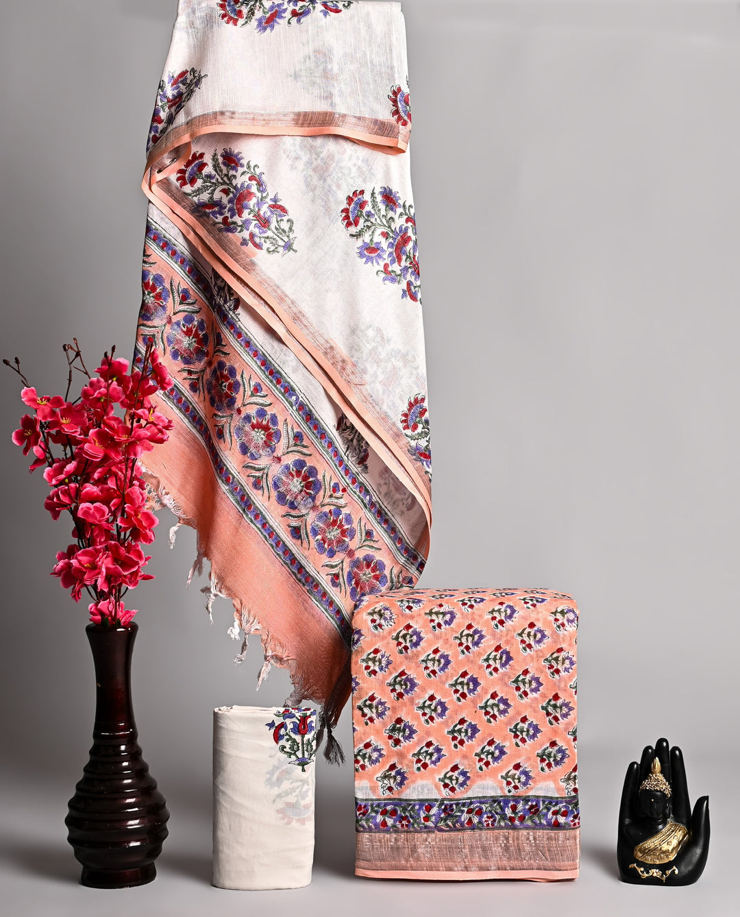 Handblock Printed Linen Cotton Suit in Pastel Peach and Off-White with Zari Border