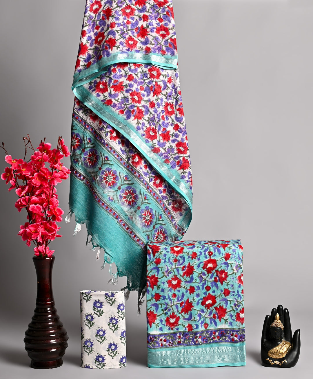 Premium Turquoise and Red Block Print Linen Cotton Suit with Elegant Zari Patti
