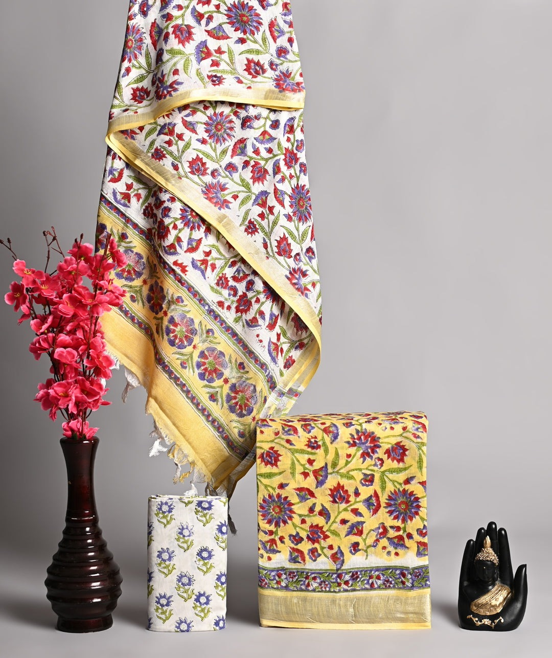 Bright Yellow and Floral Handblock Printed Linen Cotton Suit with Zari Border