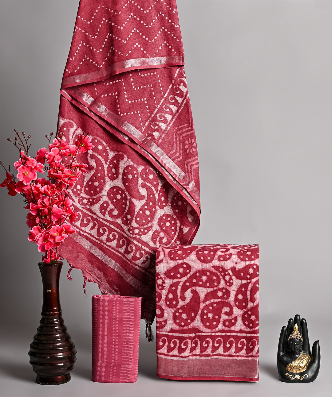 Premium Magenta Pink Paisley Handblock Printed Linen Cotton Suit Set with Dupatta