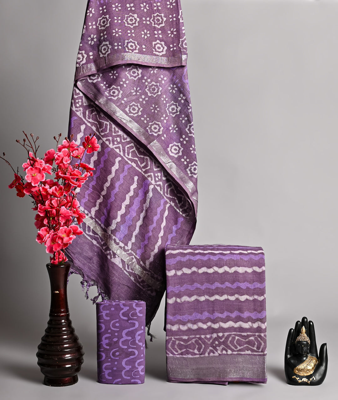 Royal Purple Wave Pattern Handblock Printed Linen Cotton Suit Set for Women