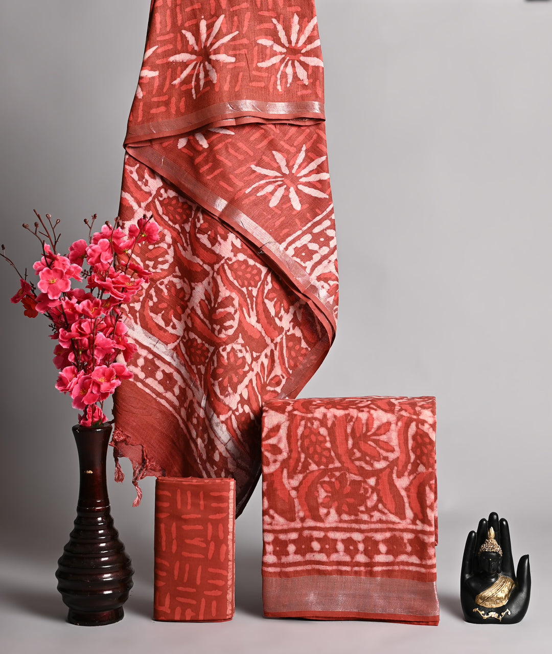 Rust Red Sunburst Floral Handblock Printed Linen Cotton Unstitched Suit Set