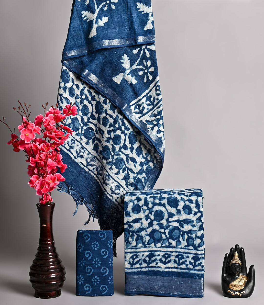 Classic Indigo Blue Floral Vine Handblock Printed Linen Cotton Suit with Dupatta