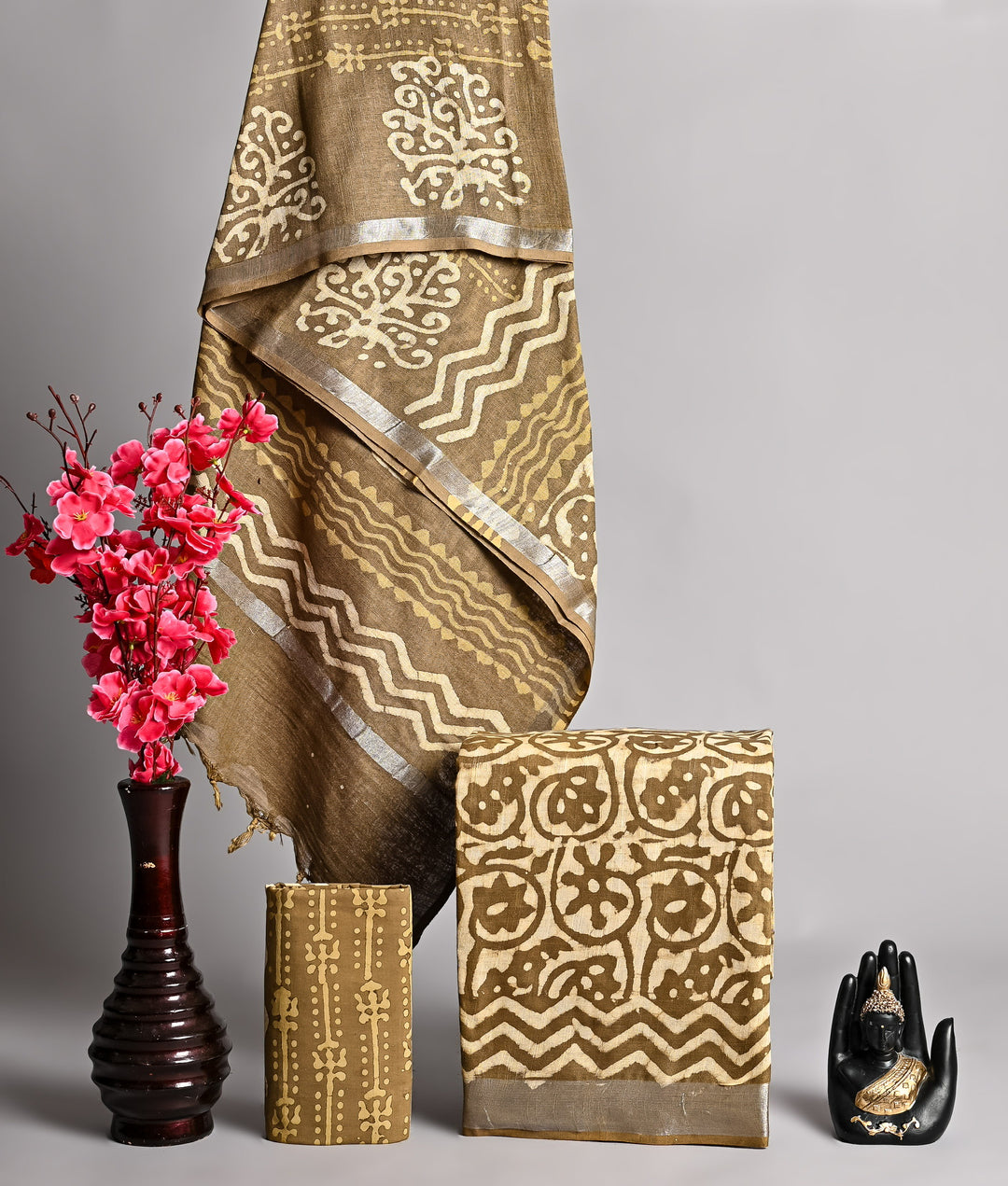 Olive Green Handblock Printed Linen Cotton Suit Set with Paisley Designs and Wave Pattern Dupatta