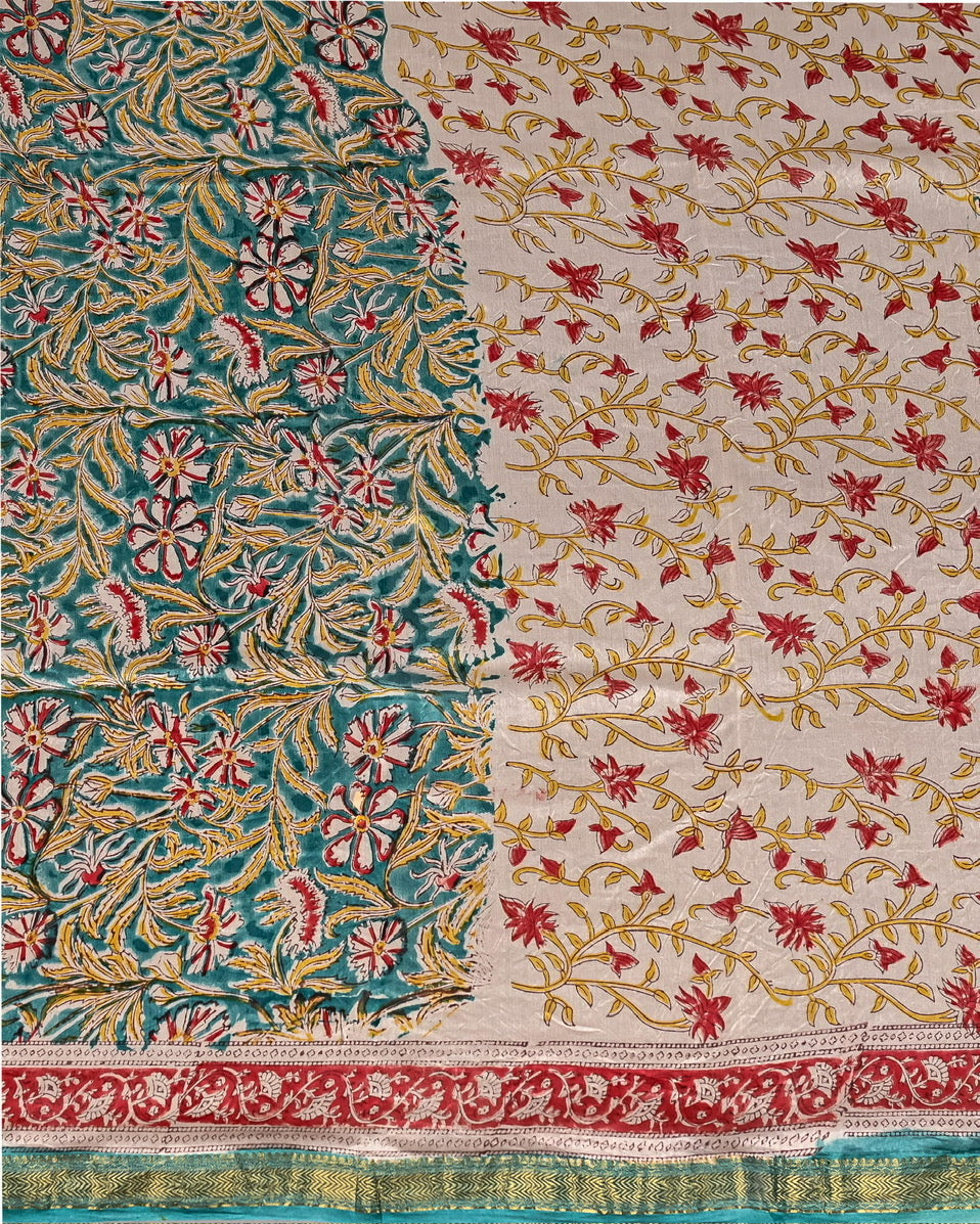 Sanganeri Pure Maheshwari Silk Saree Handblock Printed Saree - Pista Green
