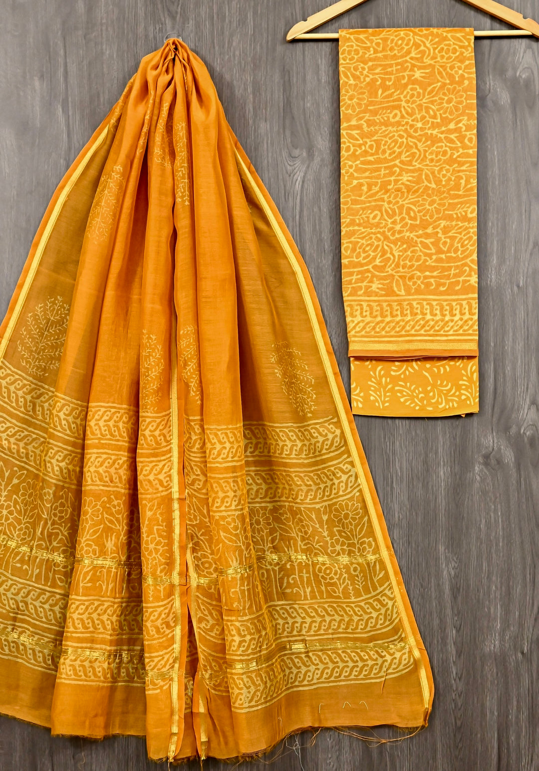Mustard Yellow Monochrome Handblock Printed Pure Chanderi Silk Suit