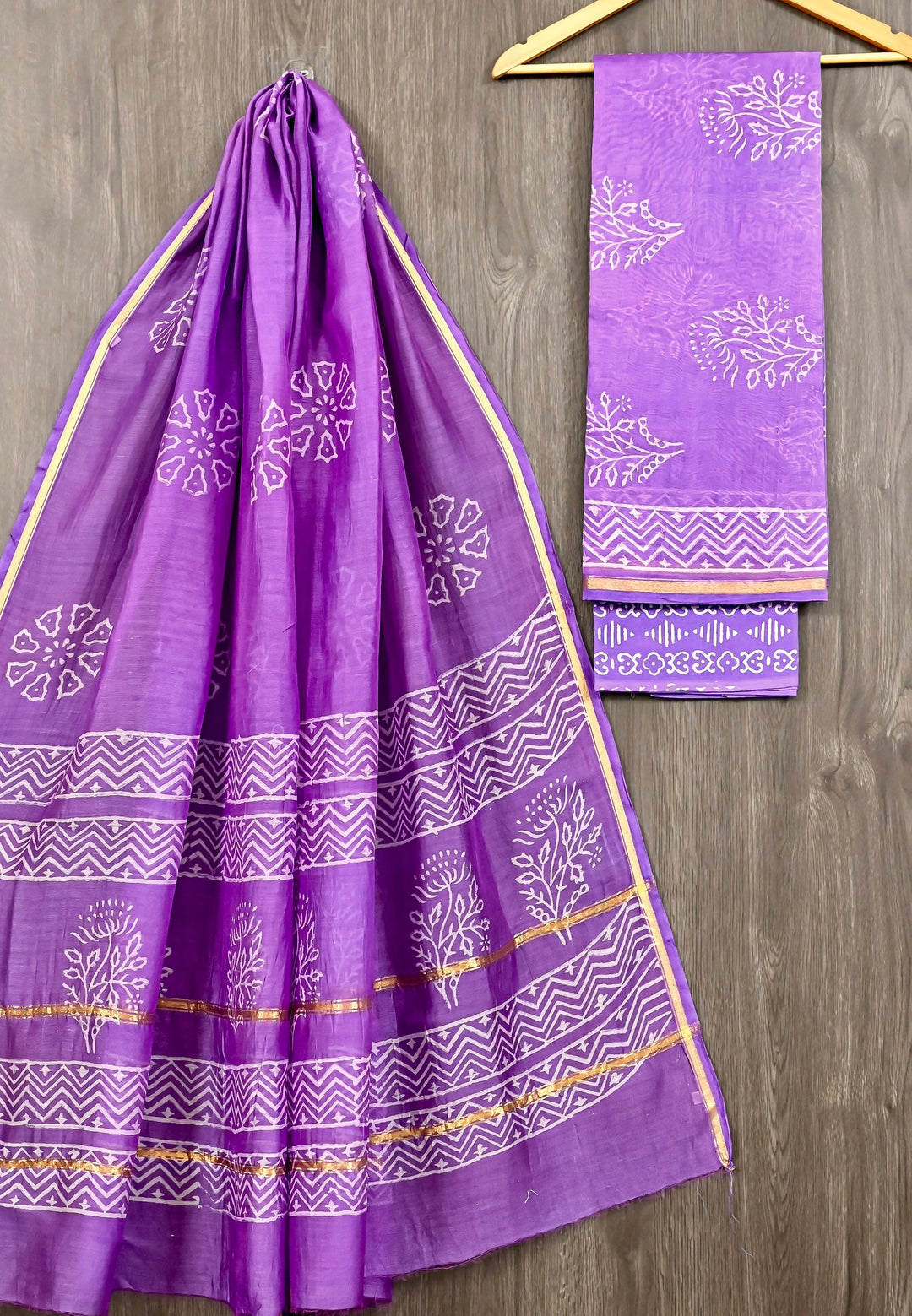 Bright Purple Handblock Printed Chanderi Silk Suit with Zig-Zag Borders