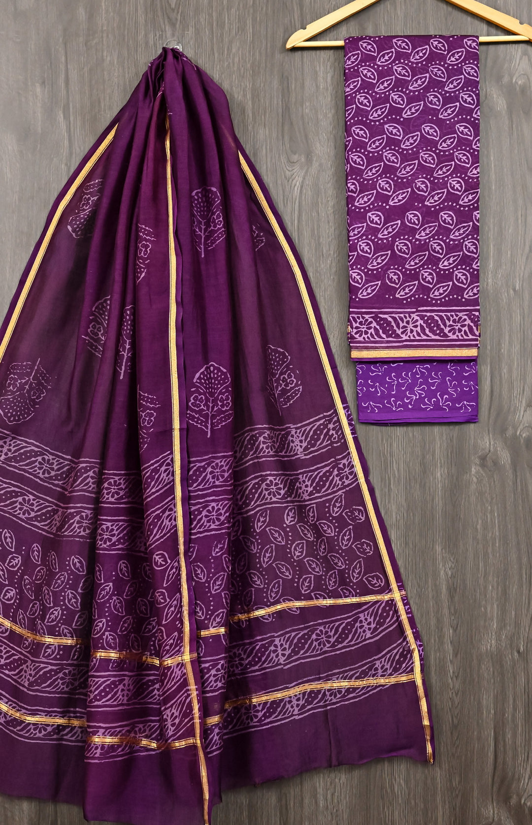 Royal Wine Purple Handblock Printed Pure Chanderi Silk Unstitched Suit