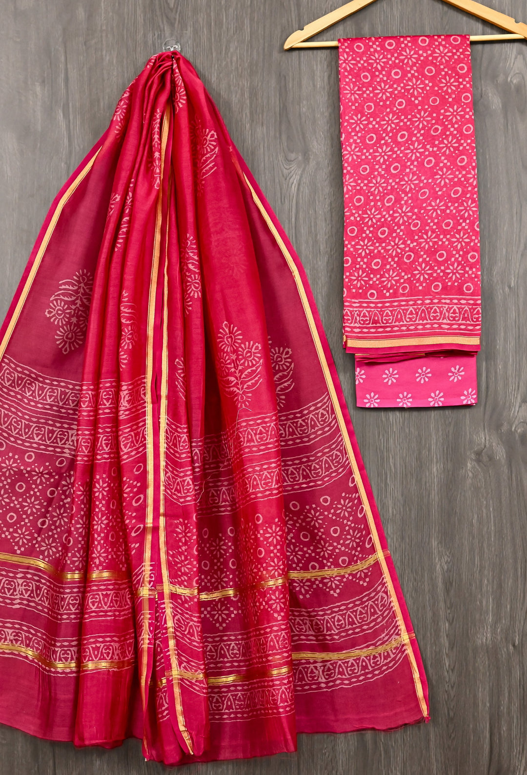 Magenta Pink Handblock Printed Chanderi Silk Suit with Geometric Borders