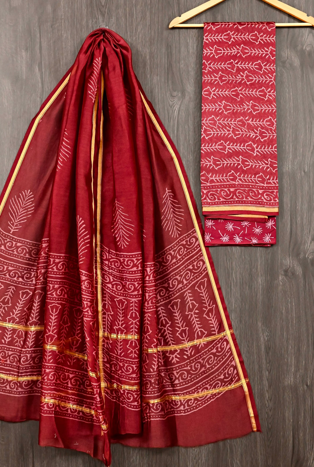 Deep Maroon Floral Handblock Printed Pure Chanderi Silk Ethnic Suit
