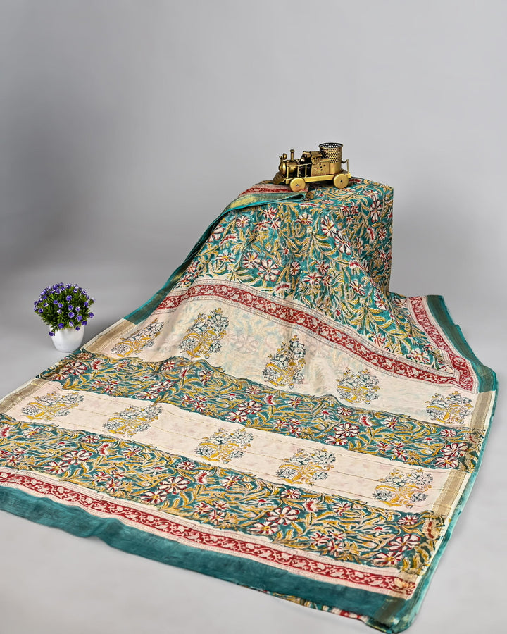 Sanganeri Pure Maheshwari Silk Saree Handblock Printed Saree - Pista Green