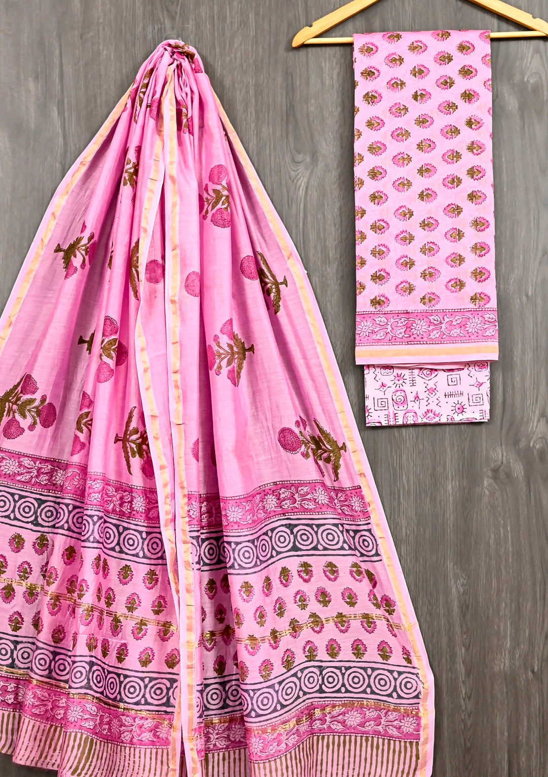Baby Pink Floral Handblock Printed Chanderi Silk Suit with Circular Motifs