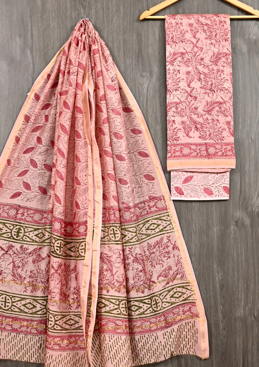 Peach & Rose Pink Handblock Printed Pure Chanderi Silk Suit Set