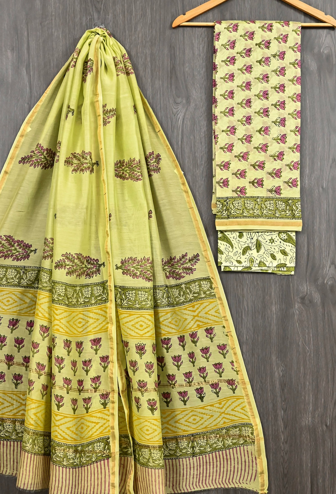 Pista Green Floral Handblock Printed Chanderi Silk Suit with Striped Borders