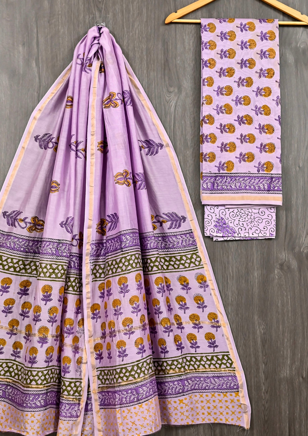Elegant Lavender Pure Chanderi Silk Handblock Printed Suit Set with Zari Border Dupatta