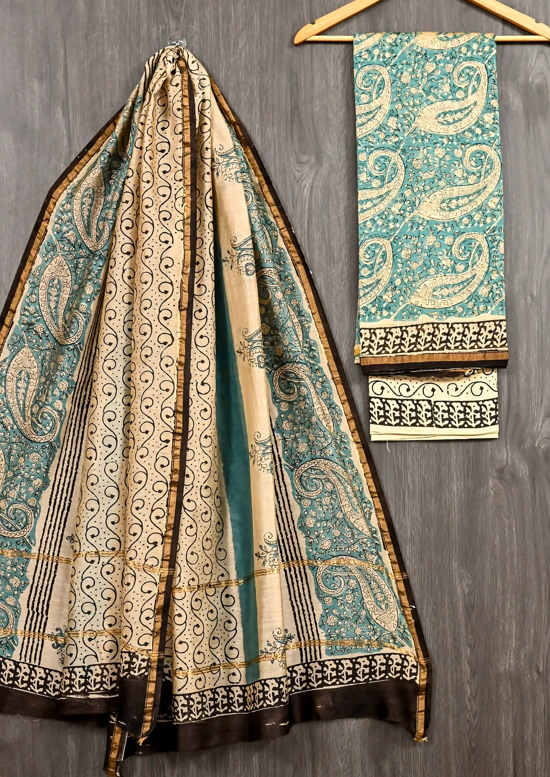 Vintage Beige & Teal Green Chanderi Silk Suit with Traditional Paisley Handblock Prints