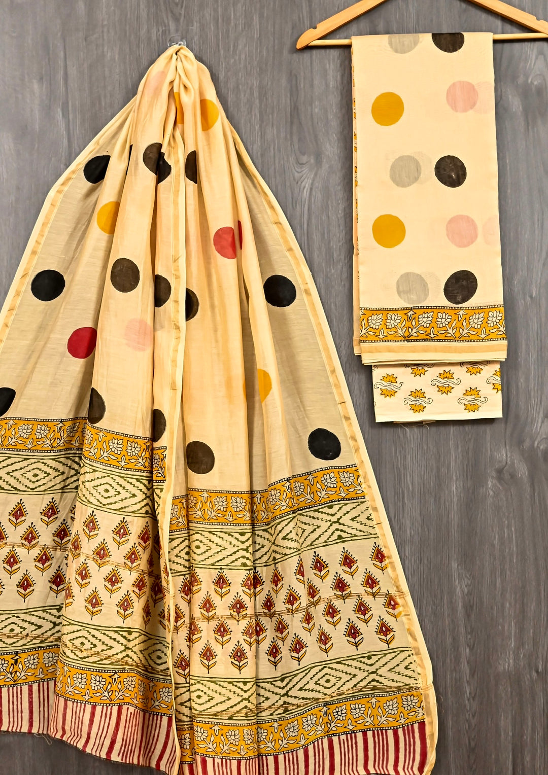 Contemporary Cream Chanderi Silk Suit with Bold Polka Dots and Floral Handblock Borders