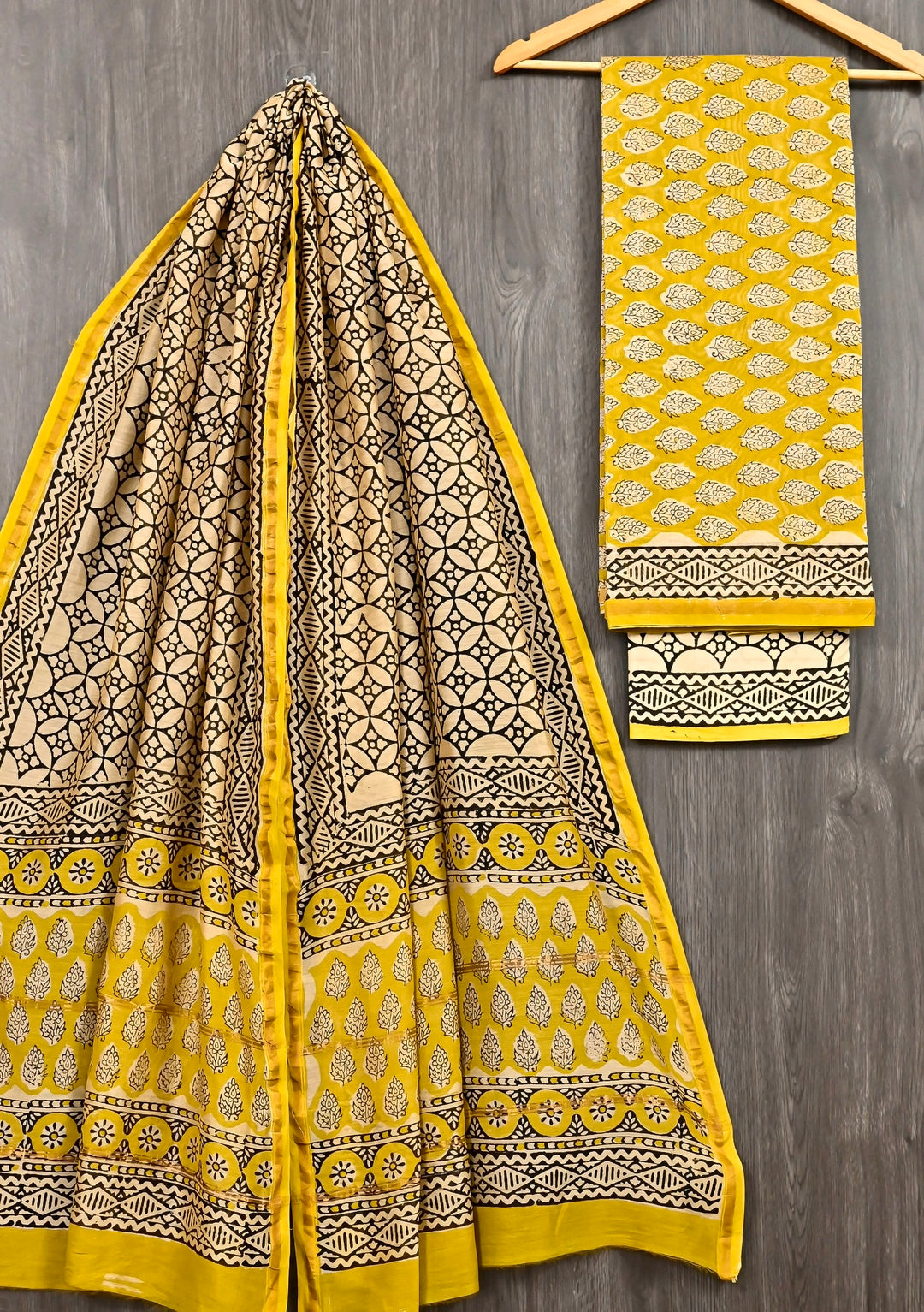 Classic Mustard Yellow & Black Jaali Pattern Handblock Printed Pure Chanderi Silk Suit
