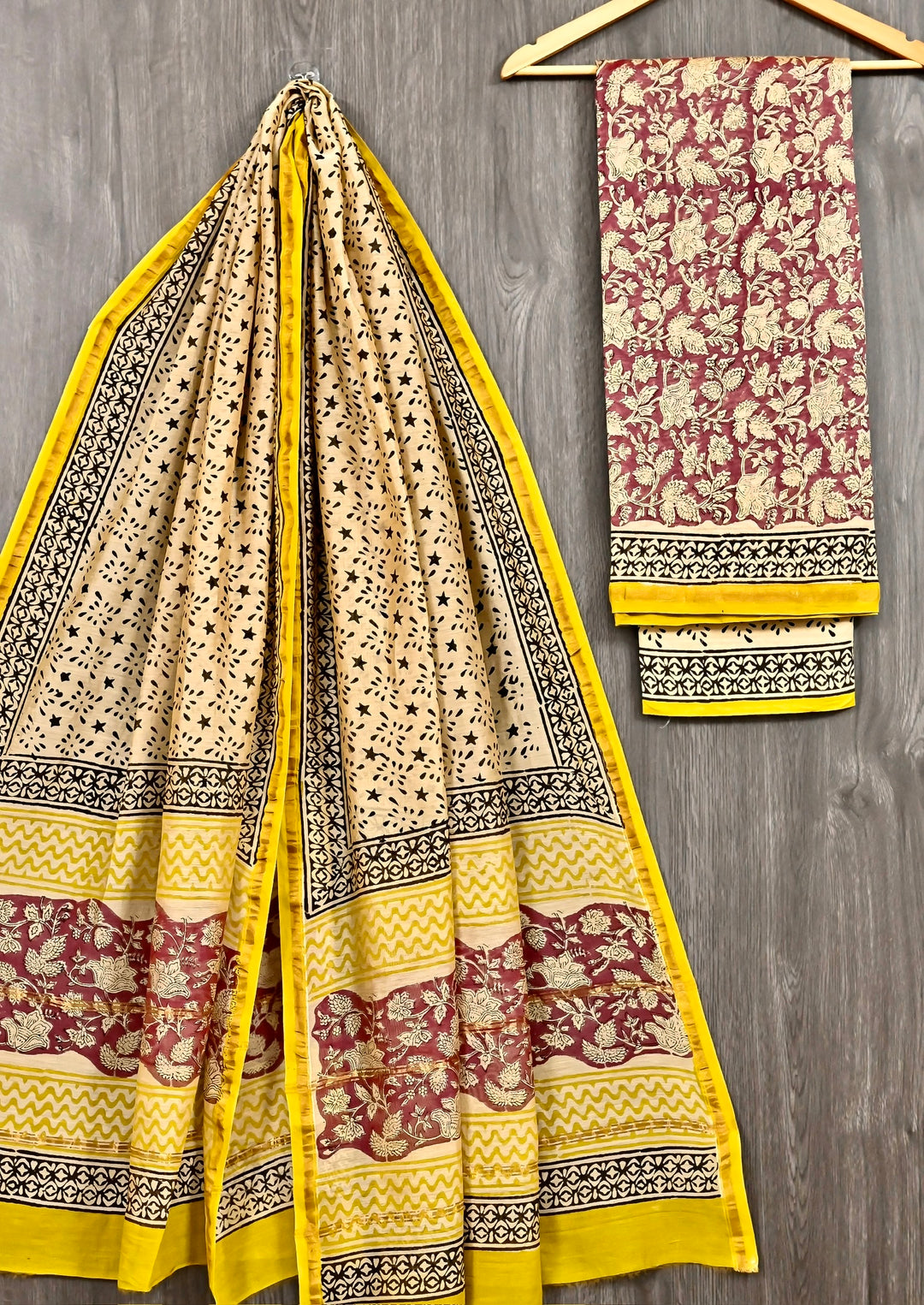 Sophisticated Cream & Maroon Floral Handblock Printed Chanderi Silk Suit with Yellow Accents